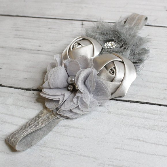 Handmade Baby Girl Elastic Headband Infant One Size Gray Satin Roses - Picture 1 of 3